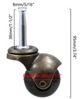 Side view of Vintage Ball Caster Wheels Set Of Four With Antique Copper Gold Finish For Furniture Replacement Sockets Included 5/16 X 1-1/2 Inch Mounting Stem 8X38mm Not For 3/8 Inch Socket Holes Suitable For Sofa Chair And Cabinet showing size dimensions.
