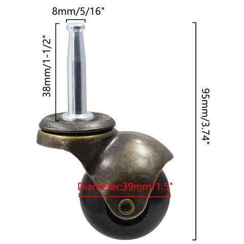 Side view of Vintage Ball Caster Wheels Set Of Four With Antique Copper Gold Finish For Furniture Replacement Sockets Included 5/16 X 1-1/2 Inch Mounting Stem 8X38mm Not For 3/8 Inch Socket Holes Suitable For Sofa Chair And Cabinet showing size dimensions.