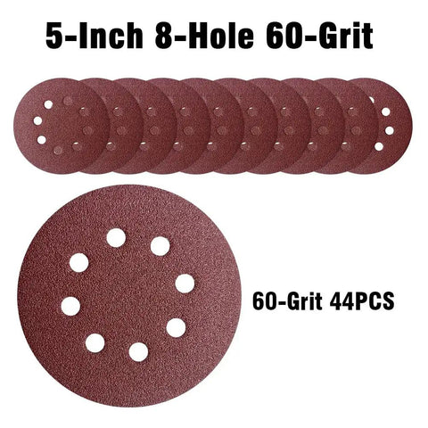 Forty Four Pack 5 Inch 8 Hole Hook And Loop Sanding Discs Red Round 60 Grit For Random Orbital Sander Set in display