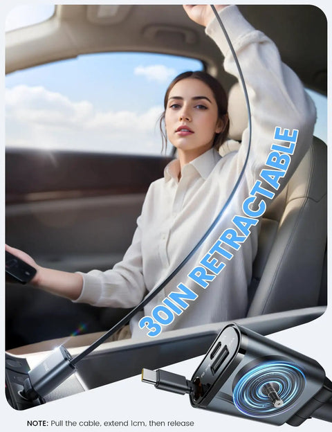 Driver with Ultra Slim 57W 3 In 1 USB C Car Charger Retractable in use, showing 30-inch cable extension.