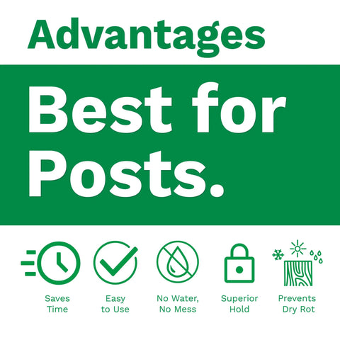 1-Post Kit For Any Post Type; Quick, No Tools Needed Concrete Alternative That Sets Fast, Protects Against Rot And Rust, Works With All Post Styles, White Finish, Easy To Use, Durable And Low Maintenance advantages graphic showing benefits like saves time, easy to use, no mess, superior hold, prevents dry rot.