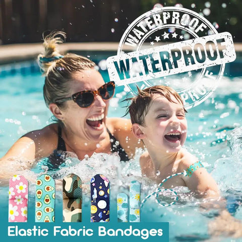 Mother and child laughing in a pool, showcasing waterproof elastic fabric bandages in various designs.