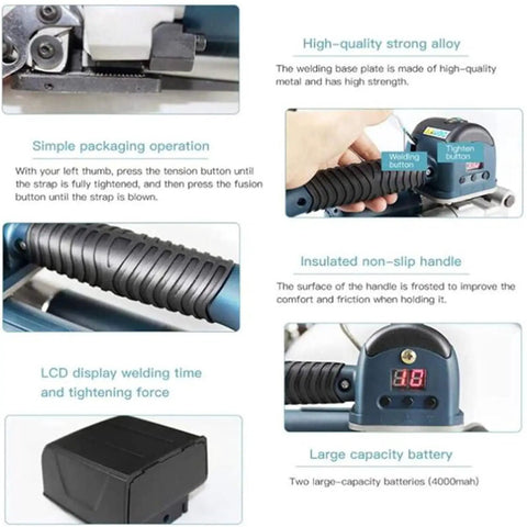 Heavy Duty Portable Electric Strapping Machine, Plug And Play Automatic Baling Kit showing LCD panel, non-slip handle, and battery.