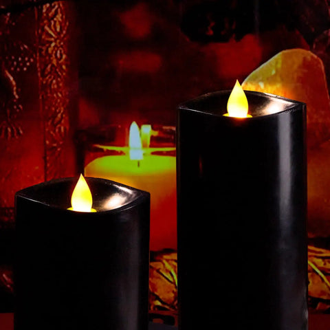 Flameless LED Candles With Remote Timers And Moving Flame Effect, 7-Inch Pillars By 3-Inch Diameter, Battery Operated, Black