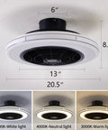 Bladeless 21 Inch Ceiling Fan with Remote Control and Light Kit showing dimensions and three color temperature modes