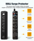 Must Have 6 Outlet Surge Protector Power Strip With Four And A Half Foot Extension Cord Two Pack 900 Joules showing protection features
