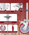1 Pack Eight Inch Adjustable Leveling Scaffolding Wheels With Two Inch Thick Casters For Rough Job Site Grounds Easy Roll maneuvering with dual brakes.