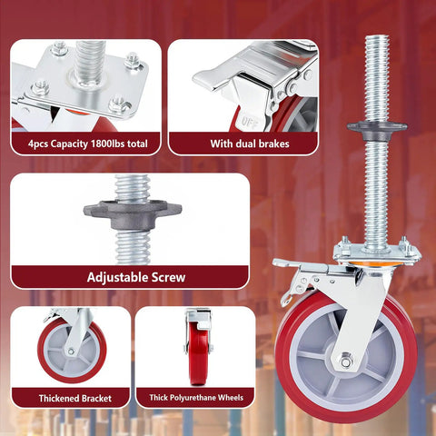 1 Pack Eight Inch Adjustable Leveling Scaffolding Wheels With Two Inch Thick Casters For Rough Job Site Grounds Easy Roll maneuvering with dual brakes.