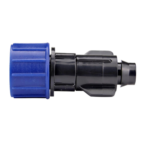 Side view of Smart Loc Universal Swivel Drip Irrigation Adapter for 1/2, 5/8, and 0.710 inch tubing, 3/4 inch MHT faucet connection.