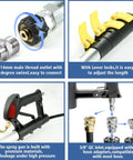 Telescoping Pressure Washer Wand With 24 Ft Reach No Ladder Needed Extension Wand Gutter Cleaner Attachment Five Spray Nozzle Tips Two Hose Inlet Adapters Support Harness Lightweight Aluminum, detailed view of threaded outlet, lever locks, and adapters in use.