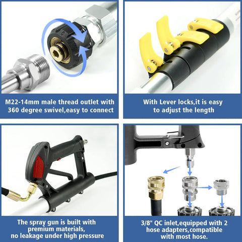 Telescoping Pressure Washer Wand With 24 Ft Reach No Ladder Needed Extension Wand Gutter Cleaner Attachment Five Spray Nozzle Tips Two Hose Inlet Adapters Support Harness Lightweight Aluminum, detailed view of threaded outlet, lever locks, and adapters in use.