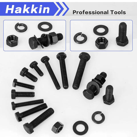 Tough As Nails 272 Piece Hex Bolts And Nuts Assortment Kit Featuring Black Grade 8.8 Carbon Steel hex bolts, nuts, and washers.