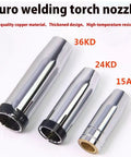 20 Pack Brass Welding Contact Tips For Mig Guns 15AK 24KD 36KD Euro Style Nozzles Fit 2.0mm Wire displayed in three sizes.