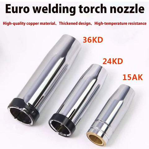 20 Pack Brass Welding Contact Tips For Mig Guns 15AK 24KD 36KD Euro Style Nozzles Fit 2.0mm Wire displayed in three sizes.