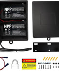 Heavy Duty Steel Battery Box With Two 12V 7Ah Lead Acid Cells For 12Volt To 24Volt Driveway Swing Gate Openers showing batteries and wiring kit.