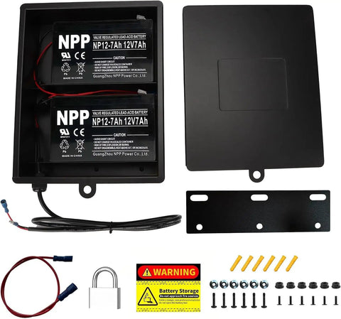 Heavy Duty Steel Battery Box With Two 12V 7Ah Lead Acid Cells For 12Volt To 24Volt Driveway Swing Gate Openers showing batteries and wiring kit.