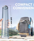 Hand holding XL Portable Bidet Water Chamber Extension Tank 290mL Capacity beside backpack, showcasing travel readiness.