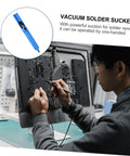 Technician using Two Piece Manual Desoldering Pump Solder Removal Tool Suction Gun For PCB Durable Solder Sucker.