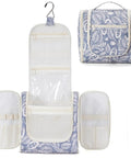 Hanging Toiletry Bag For Travel Makeup Organizer Unisex On The Go Large Capacity With 8 Mesh Pockets Blue Leaf Pattern