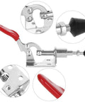Close-up of a 10 Pack Toggle Clamps Quick Release Pull Latch For Welding And Woodworking, featuring red rubber grip and steel base.