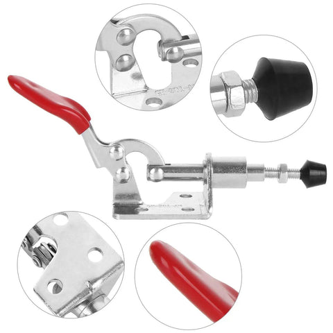 Close-up of a 10 Pack Toggle Clamps Quick Release Pull Latch For Welding And Woodworking, featuring red rubber grip and steel base.