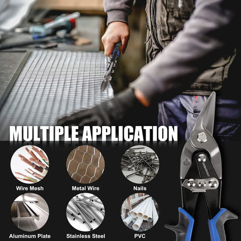 Person using one of the Three Pack Aviation Tin Snips 10 Inch Set For Cutting Sheet Metal Heavy Duty CR V Steel on wire mesh