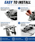 Precision Circular Saw Guide Rail Kit Featuring Heavy Duty Positioning Calipers installation steps showing alignment, securing, and usage.