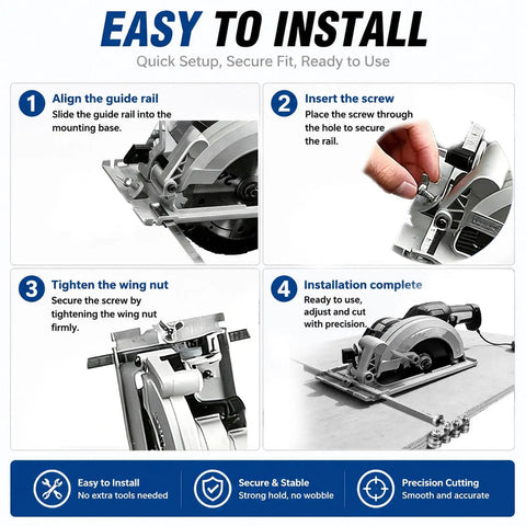 Precision Circular Saw Guide Rail Kit Featuring Heavy Duty Positioning Calipers installation steps showing alignment, securing, and usage.