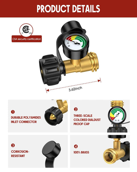 Color Coded Propane Tank Gauge Level Indicator For 5 To 40 Lb Tanks Easy Read At A Glance With Green Yellow Red Zones No Guesswork For Grill Heater Fryer Camper And Outdoor Cooking On The Go brass gauge with CSA certification