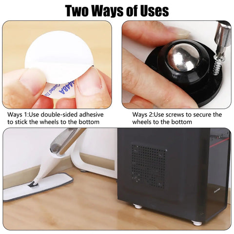 Image showing installation of 8 Pcs Mini Adhesive Caster Wheels 1/2 Inch Self Adhesive Swivel Casters For Appliances And Small Furniture using adhesive and screws.