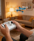 Person using controller with Beginner Friendly Mini Drone With One Button Takeoff And Altitude Hold in living room, compact black quadcopter