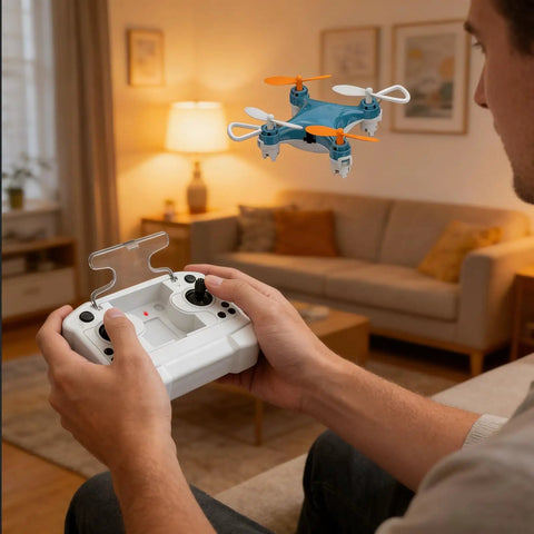 Person using controller with Beginner Friendly Mini Drone With One Button Takeoff And Altitude Hold in living room, compact black quadcopter