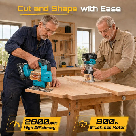 Cordless Jigsaw And Wood Router Kit For Precise Cuts And Edge Shaping With A Brushless Router, Dual 4.0Ah Batteries, Quick Setup, Smooth Finish, All In One Woodworking Power Pack used on wood board in workshop