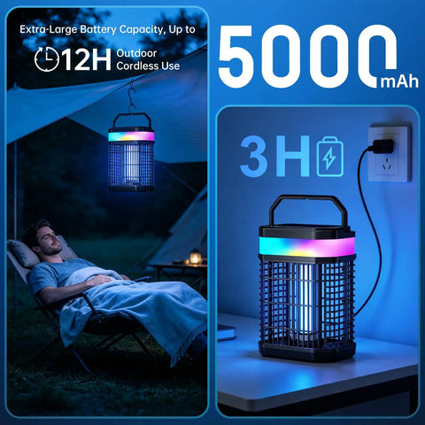 4 In 1 Bug Zapper Outdoor Portable And Rechargeable Mosquito Killer with LED light hanging in tent and charging on table.