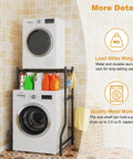 Upgraded Heavy Duty Adjustable Washer Dryer Stacking Rack For Tight Laundry Spaces And Compact Apartments Featuring Real Solid Steel Build And No Sweat Flexible Height Adjustments with detergent bottles on shelf.