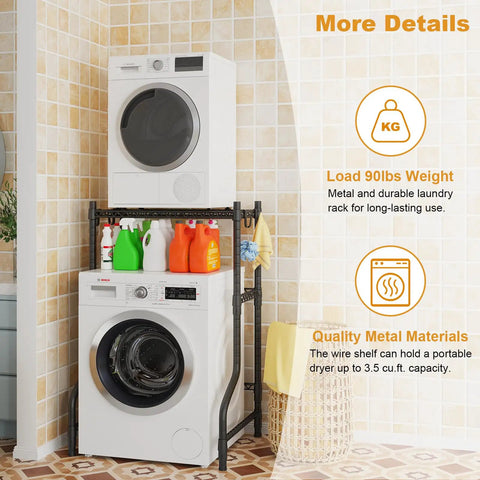 Upgraded Heavy Duty Adjustable Washer Dryer Stacking Rack For Tight Laundry Spaces And Compact Apartments Featuring Real Solid Steel Build And No Sweat Flexible Height Adjustments with detergent bottles on shelf.