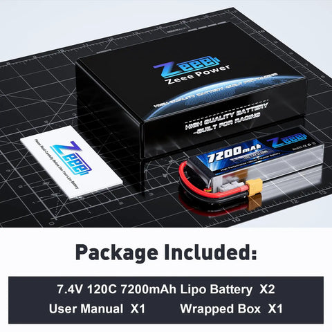 Beefy 2S 7200mAh 7.4V 120C LiPo Battery Pack Soft Pack With XT60 Connector, box, and user manual on a black grid surface.