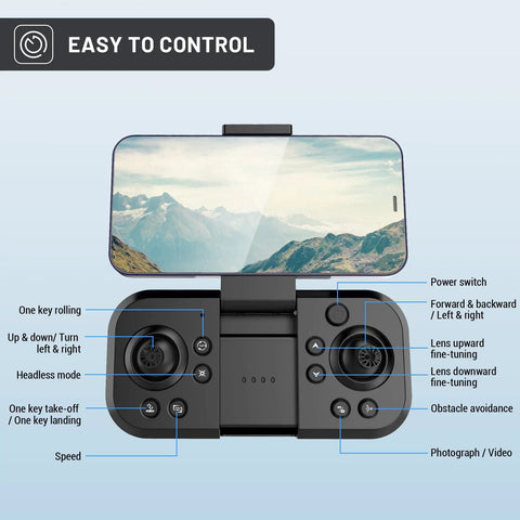 Controller for Ultra Clear 4K Camera Drone For Kids And Adults showing labeled buttons and smartphone holder