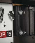Detail of 17 Inch Floor Drill Press With 16 Speed Options And 3/4 Horsepower Motor, small handle and motor close-up.