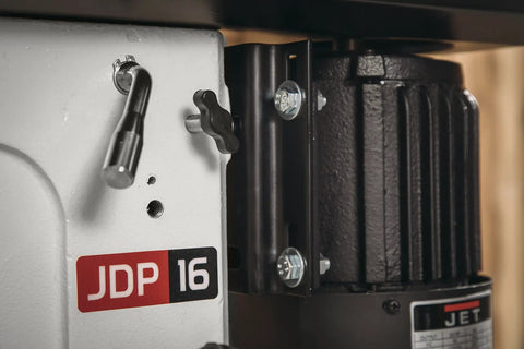 Detail of 17 Inch Floor Drill Press With 16 Speed Options And 3/4 Horsepower Motor, small handle and motor close-up.