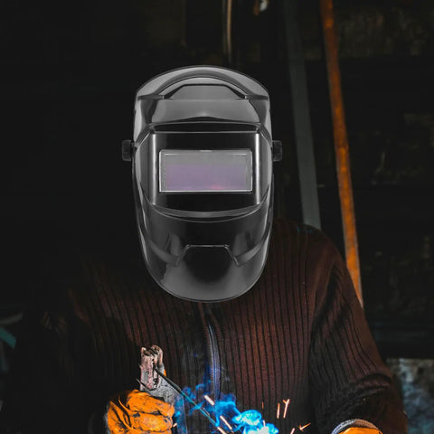 Top Notch 3 Piece Welding Helmet Lens Replacement With 2.0x Magnification Durable PC Protective Shield on a welder's head