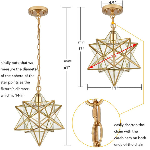 14-inch Moravian Star Brass Pendant Light with detailed dimensions and adjustable chain, clear glass shade