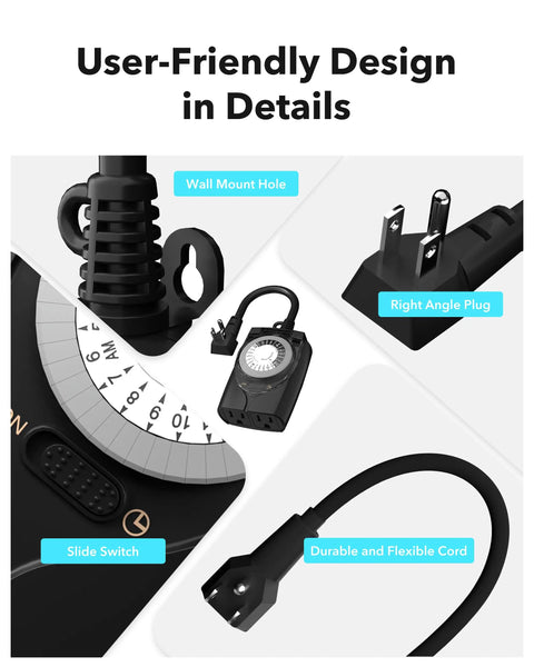 Outdoor Timer Outlet Waterproof 24 Hour Mechanical Light Timers with Two Grounded Outlets, wall mount hole, right angle plug.