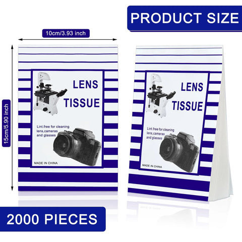 Front view of two lens tissue booklets with blue-white striped packaging, labeled LENS TISSUE, 2000 pieces.