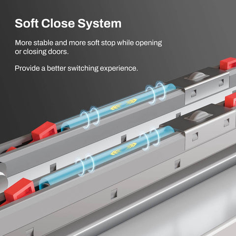 Close-up of 96-Inch Bypass Sliding Closet Door Hardware Track Kit for Soft Close Barn Doors showing soft close system mechanism.