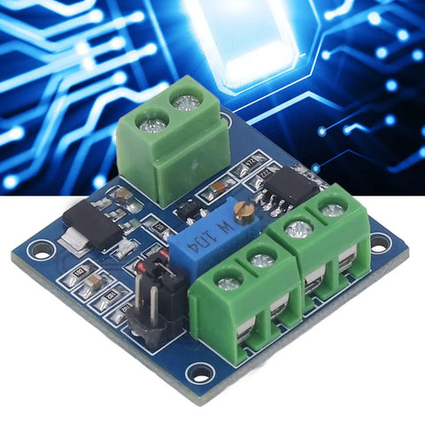 Voltage To PWM Converter Module For PLCs slick and plug and play, showing component layout with green terminal blocks and potentiometer.