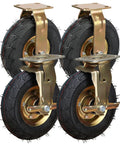 Heavy Duty 10 Inch Caster Set Of 4, Industrial Pneumatic Swivel Wheels with metal mounts and rubber tires for smooth movement.