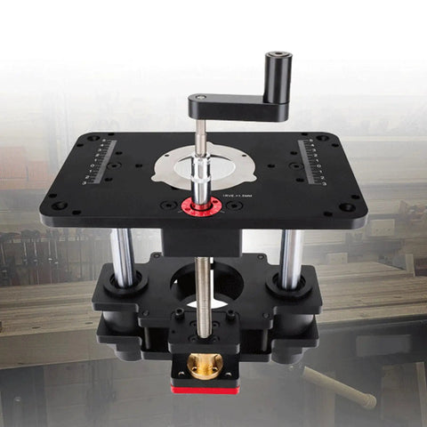 Precision Router Table Lifting System Crafted From Heavy Duty Aluminum Alloy For Butter Smooth Height Adjustment And Rock Solid Stability featuring a sturdy black lift mechanism with vertical rods.