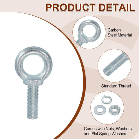 Five Pack M16 Galvanized Carbon Steel Eye Bolts With Nuts And Washers Beefy Heavy Duty Ring Eye Bolts Kit For Tie Downs Indoors Outdoors Five Eighths Inch By One Point Nine Seven Inch Silver, carbon steel thread detail