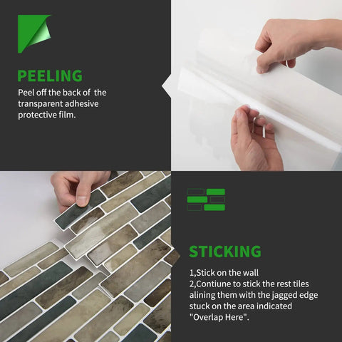 Hands peeling and sticking Peel And Stick Marble Backsplash For Kitchen And Bath, 3D Self Adhesive Wall Tiles, installation guide.